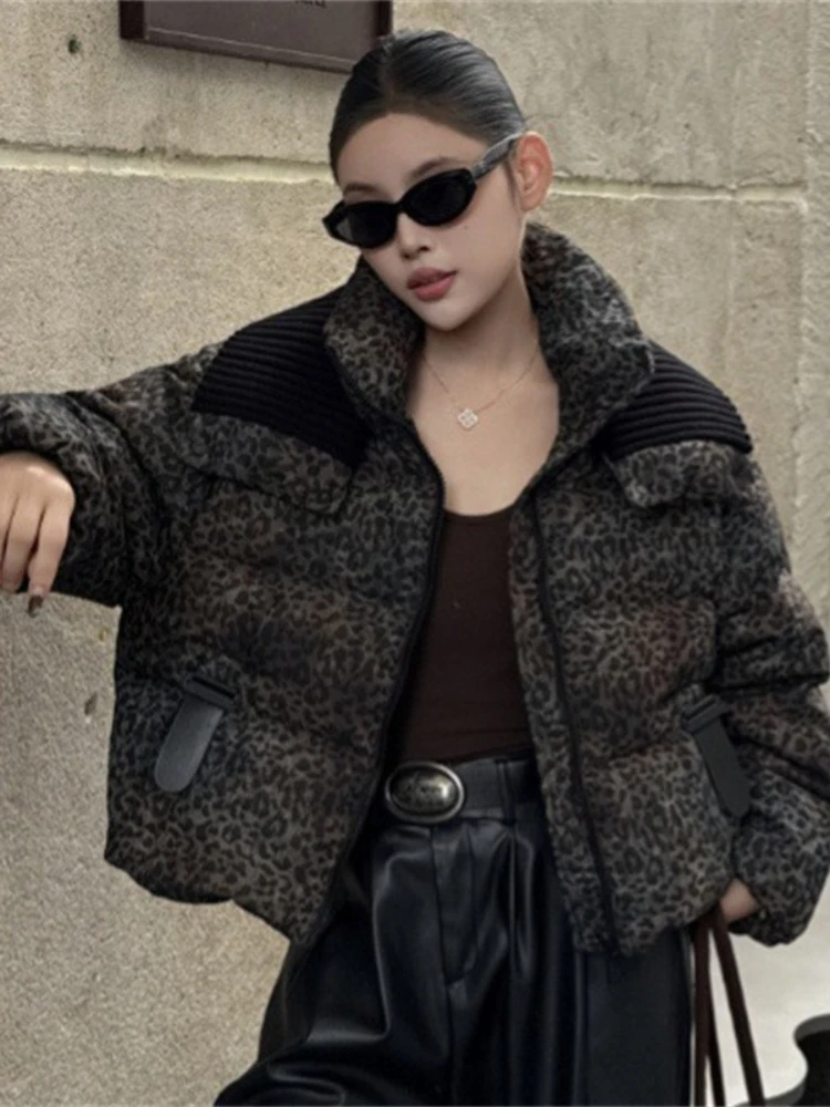 Fashion Y2k Leopard Contrast Down Jacket 2025 Winter New Fashion Brand Women Short Coat Thicken Warm 90% White Duck Puffer Coat