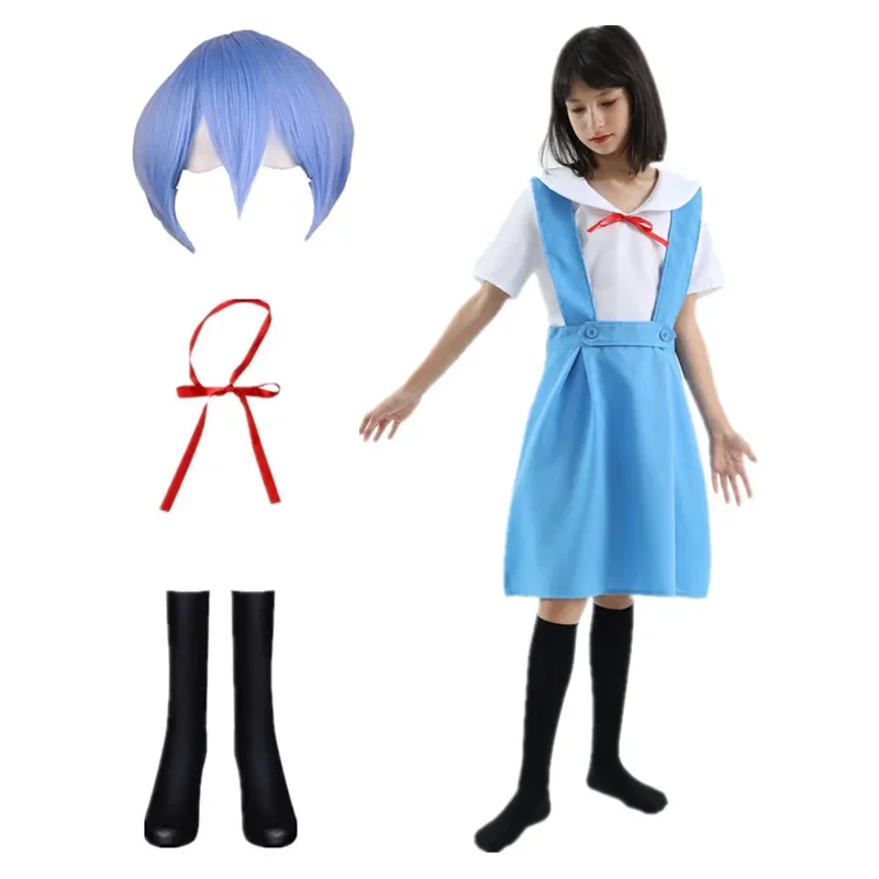 Anime Movie Blue Dress Womens Sexy Cosplay Costumes School Anime Gymnastics Uniform Halloween Costume with Wig and Black Socks