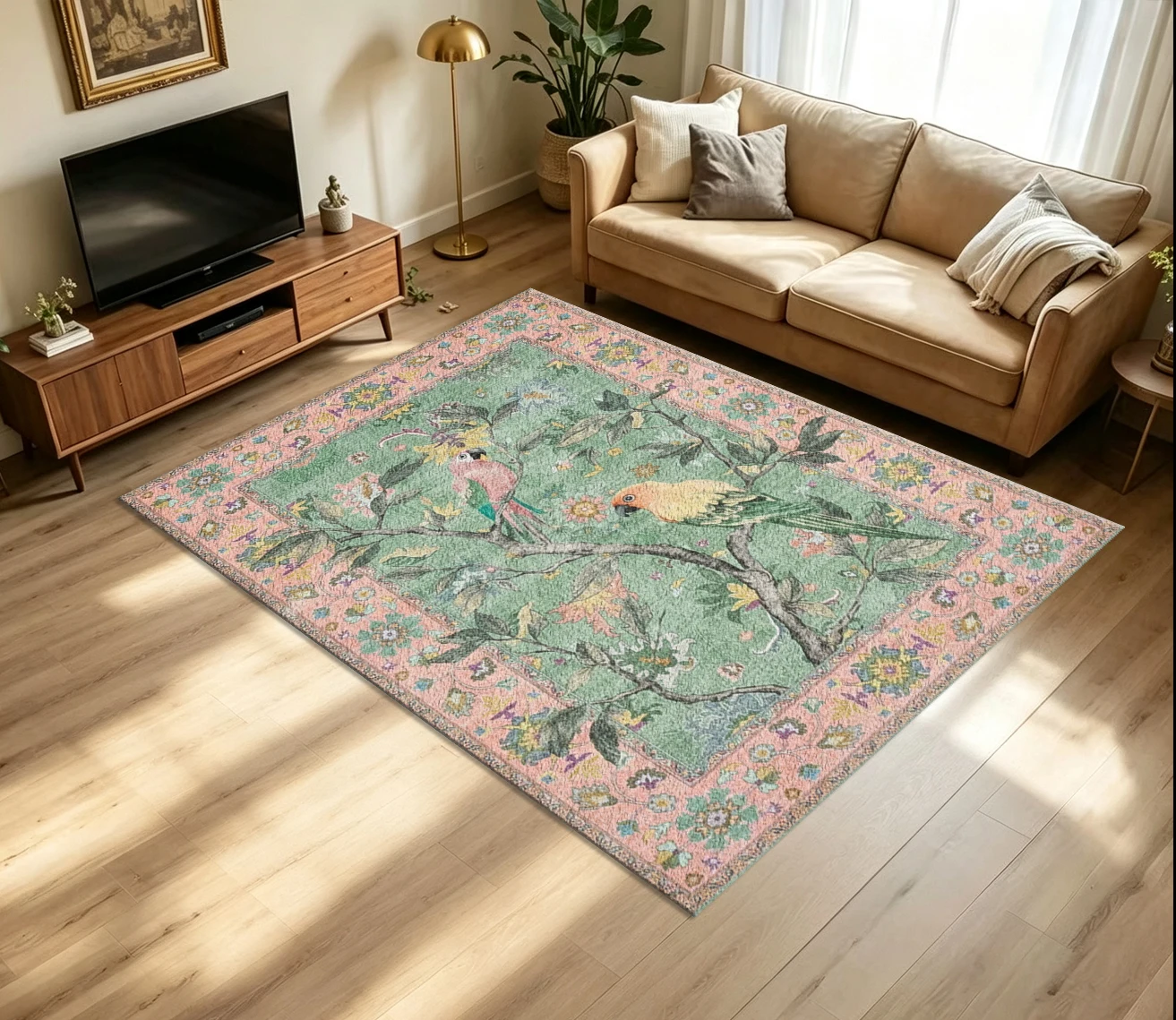 Vintage Parrot Bird Floral Pattern Carpet Non-Slip Washable Floor Rug Suitable for Living Room Bedroom Boho Home Decor