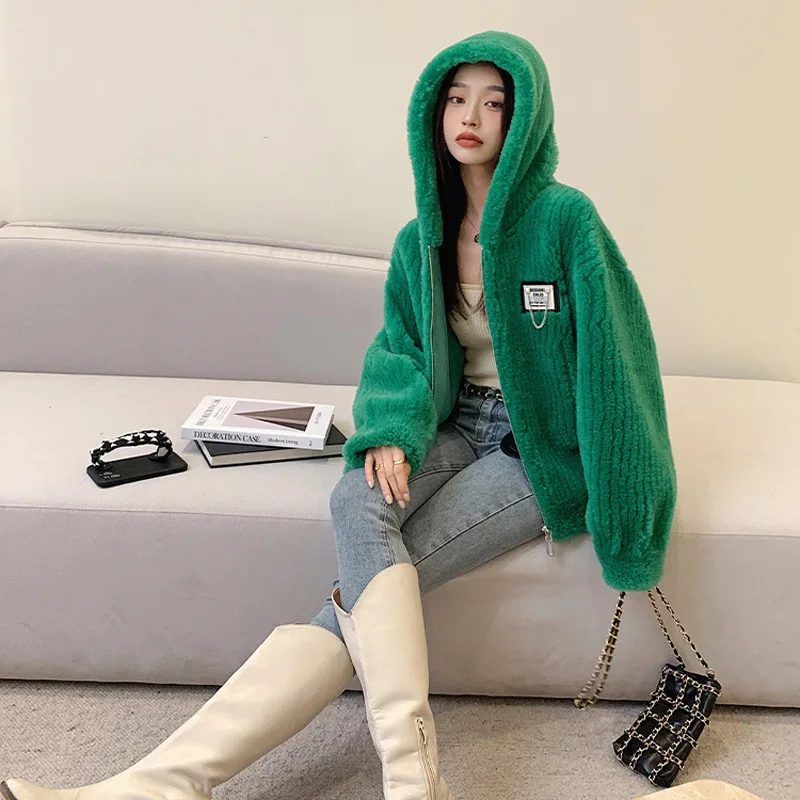 Mulheres De Lã De Cordeiro Soltas Novo Jovem Casaco Granular Shearling Com Capuz No Inverno