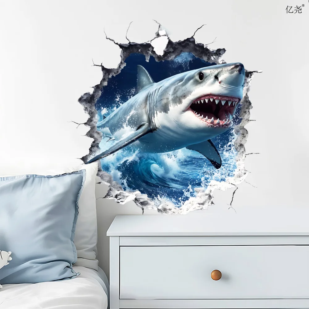 Great White Shark Breaking Hole Wall Stickers Children Boys Room Shark Sticker Corridor Wall Decoration Self Adhesive Stickers