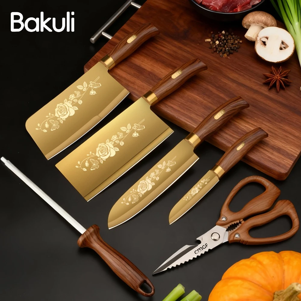 Titanium Gold Kitchen Knife Stainless steel Household Meat Cleaver Fruit knife and Sharpener Scissors Kitchen Cooking utensils