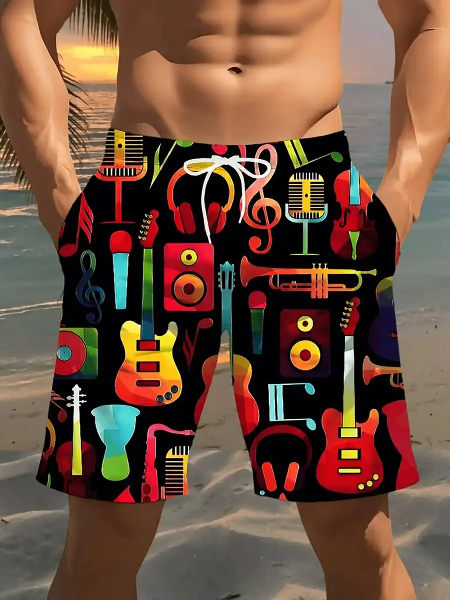 

Mens Plus Size Music Print Beach Shorts Polyester Drawstring Waist Summer Casual Shorts