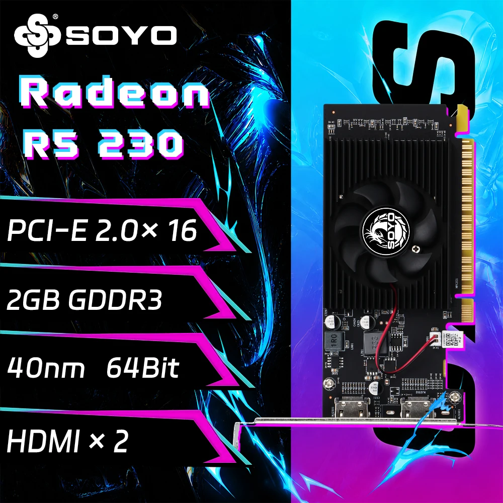 SOYO Graphics Cards AMD Radeon R5 230 2G GDDR3 64bit PCI-E 2.0×16 HDMI*2 40nm Video Card For Desktop Gaming Computer GPU