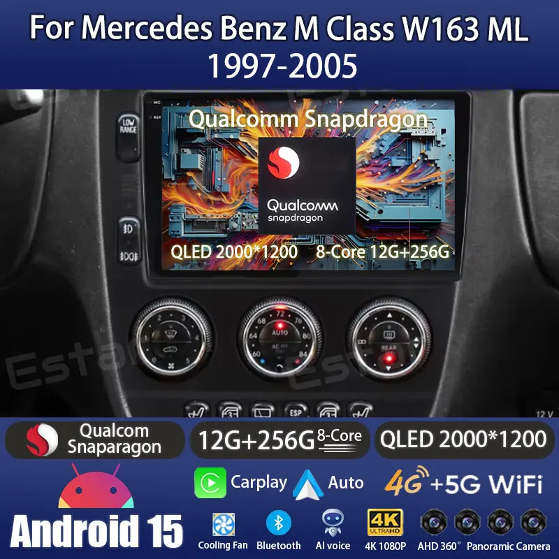 Android 15 Carplay Auto 2K Screen Car Radio Multimedia Player For Mercedes Benz M-Class W163 ML 1997 - 2005 Autoradio Stereo DSP