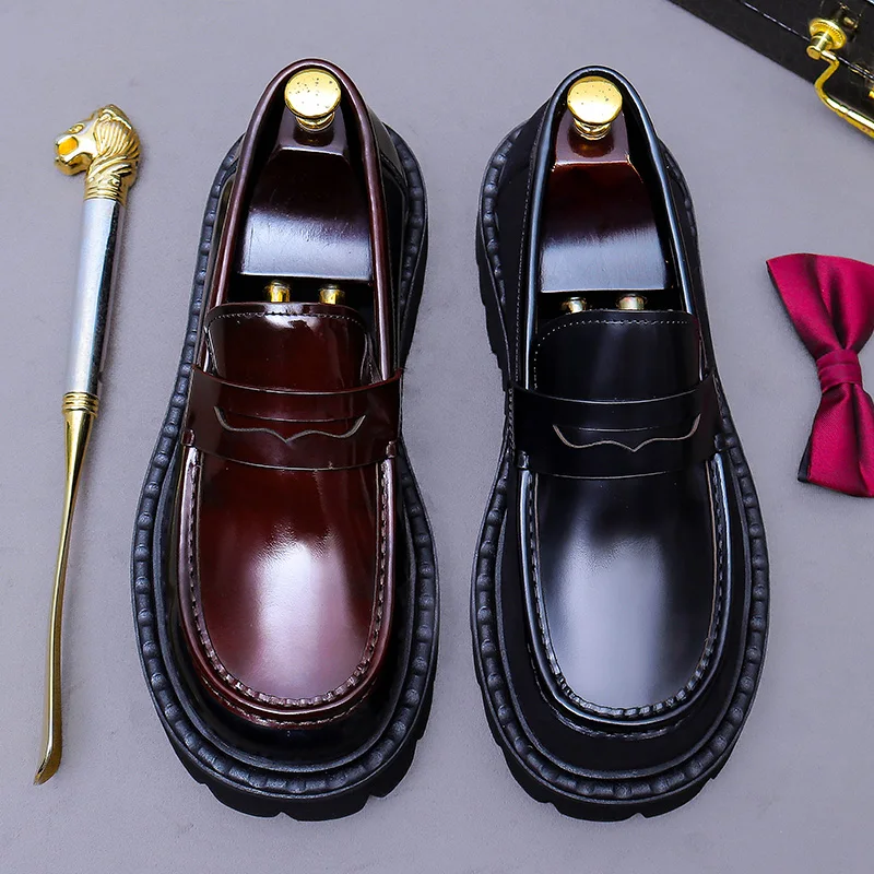 Round Toe Loafers Leather Business Casual Shoes with Thick Soles for Men Korean Style Comfortable Slip On Shoe
