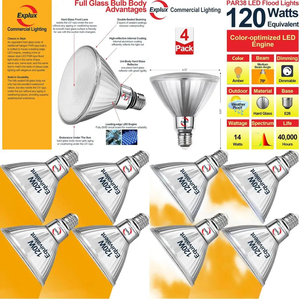 

Влагозащищенные диммируемые светодиодные лампы-прожекторы, эквивалентные 120 Вт, янтарные, 4 шт.