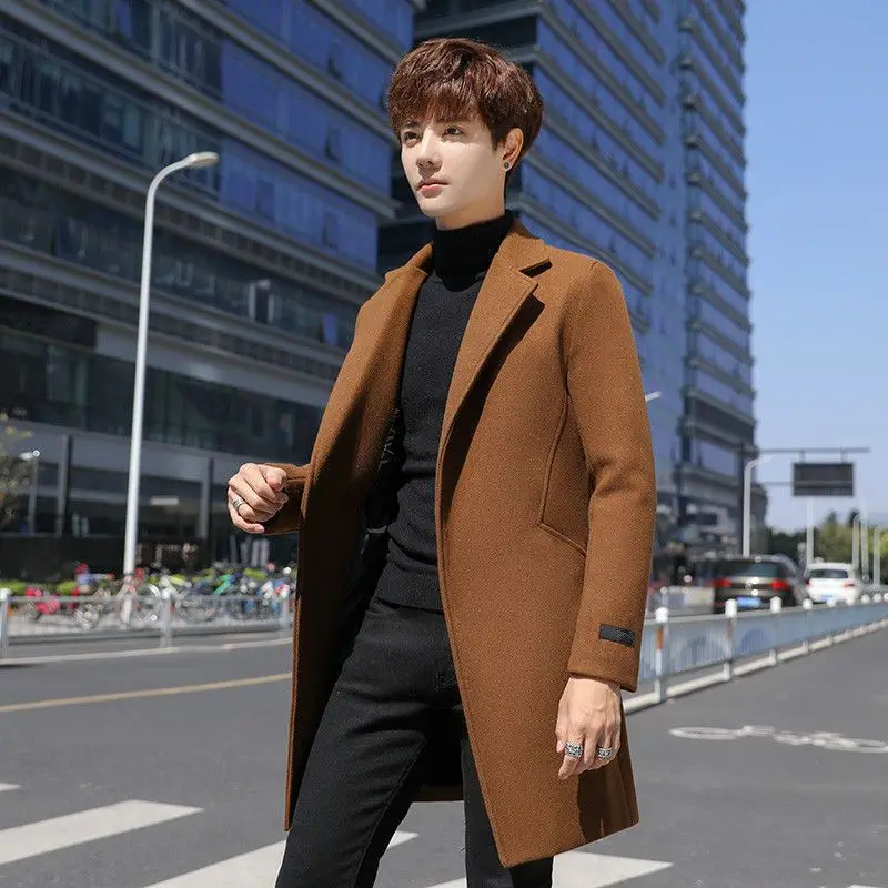 

Korean Trendy Men's Wool Coat Autumn Winter Mid Length Casual Windbreaker Outerwear Warmth Stylish Design​