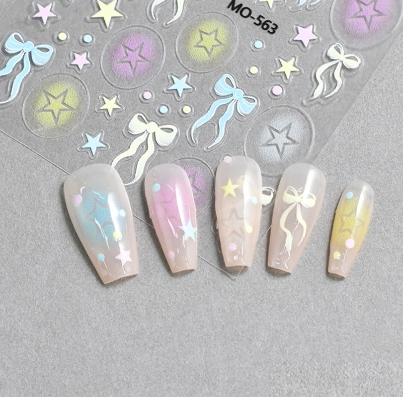 5D Reliëf Nail Art Stickers Snoep Kleur Sterren Liefde Harten Witte Strikjes Zelfklevende Nagels Decals Decoraties Voor Manicure