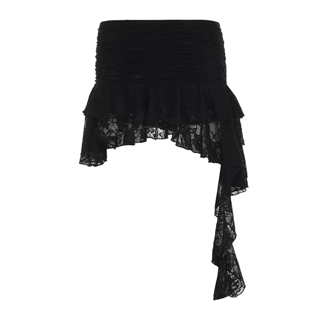 Soft Lace Irregular Puffy Cake Skirt Women High Waist Ribbon Lace Velvet Short Skirt Ruffle Textured a-Line Short Skirt Party