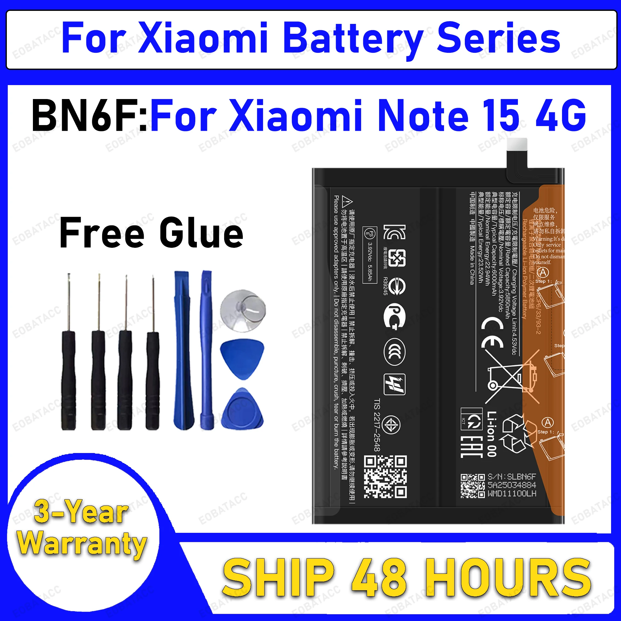 6000mAh BN6F Replacement Battery for Xiaomi Note 15 4G battery Repair Tools Kit