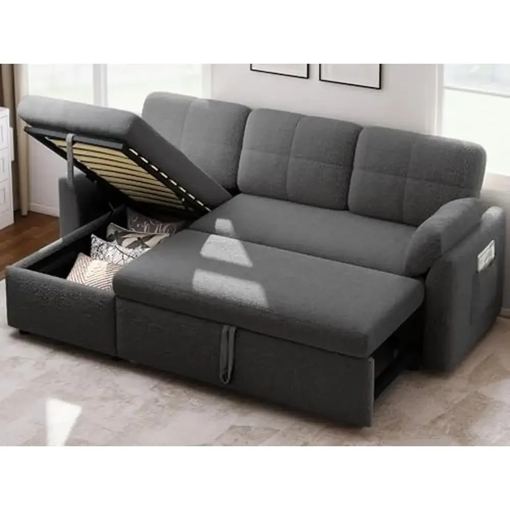 Convertible L-Shape Sectional Sofa Bed with Storage Chaise Teddy Fleece High Rebound Seat Cushion 86