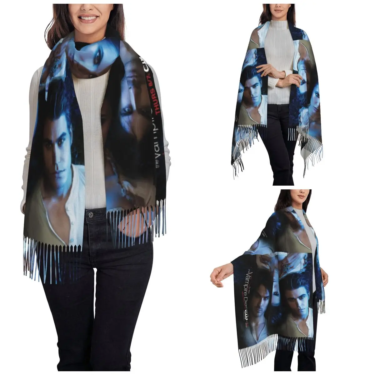 The Vampire Diaries Scarf for Womens Winter Fall Cashmere Shawls and Wrap Stefan Salvator Large Scarves with Tassel Daily Wear