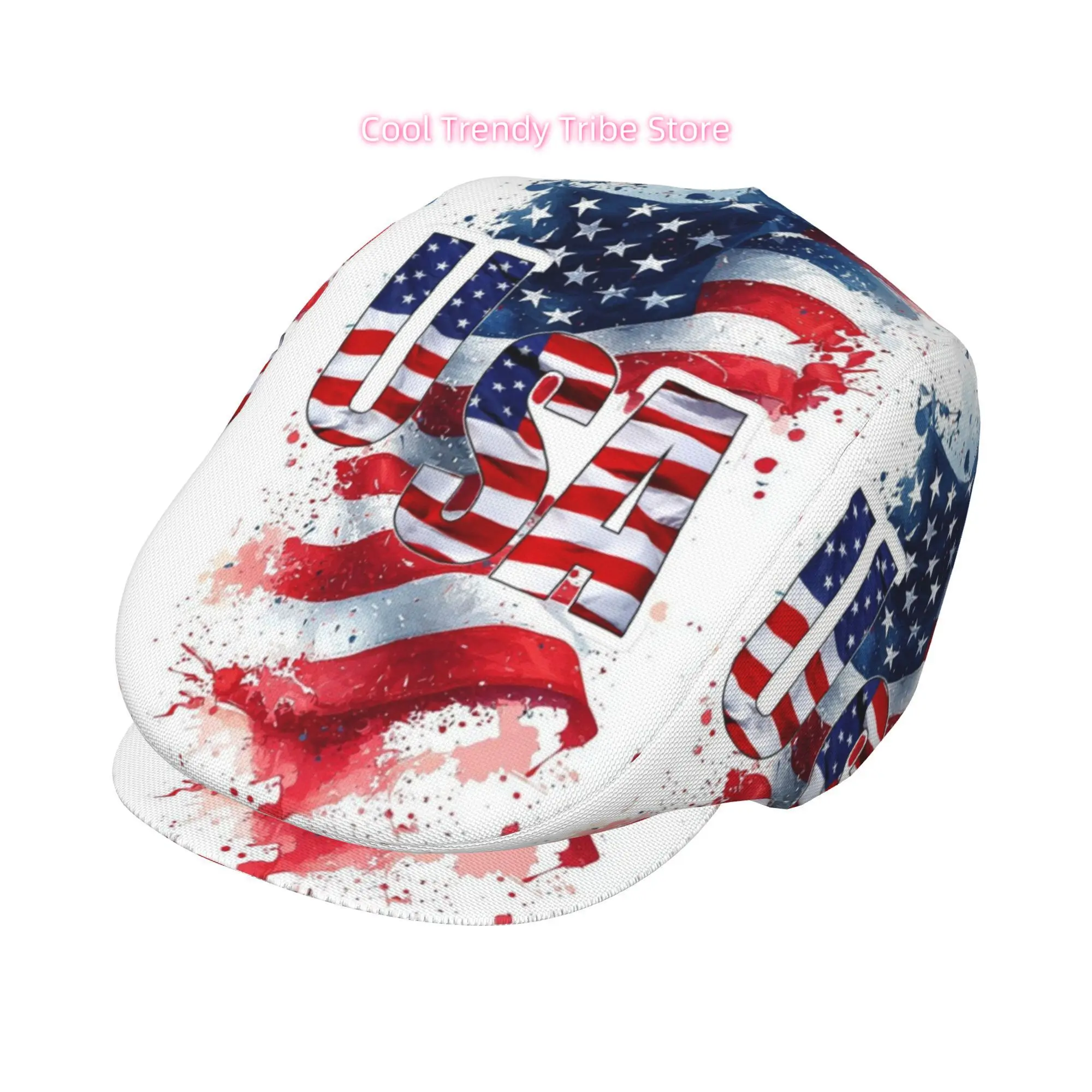USA Flag Splash Paint Design All-over Print Flat-top Hats for Men and Women, Newsboy Caps, Berets, Irish Hats, Driver Caps,  Hat