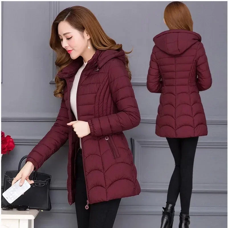 2024Fashion Middle Age Mother Slim Down Cotton Hooded Jacket Plus Size Casual Solid WarmThick Outwear Parka Winter Coat Women