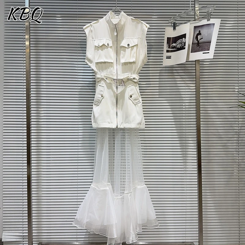 

KBQ дизайнерский утягивающий карман для женщин с круглым вырезом без рукавов и высокой талией в стиле пэчворк, повседневное платье, женская мода, новинка