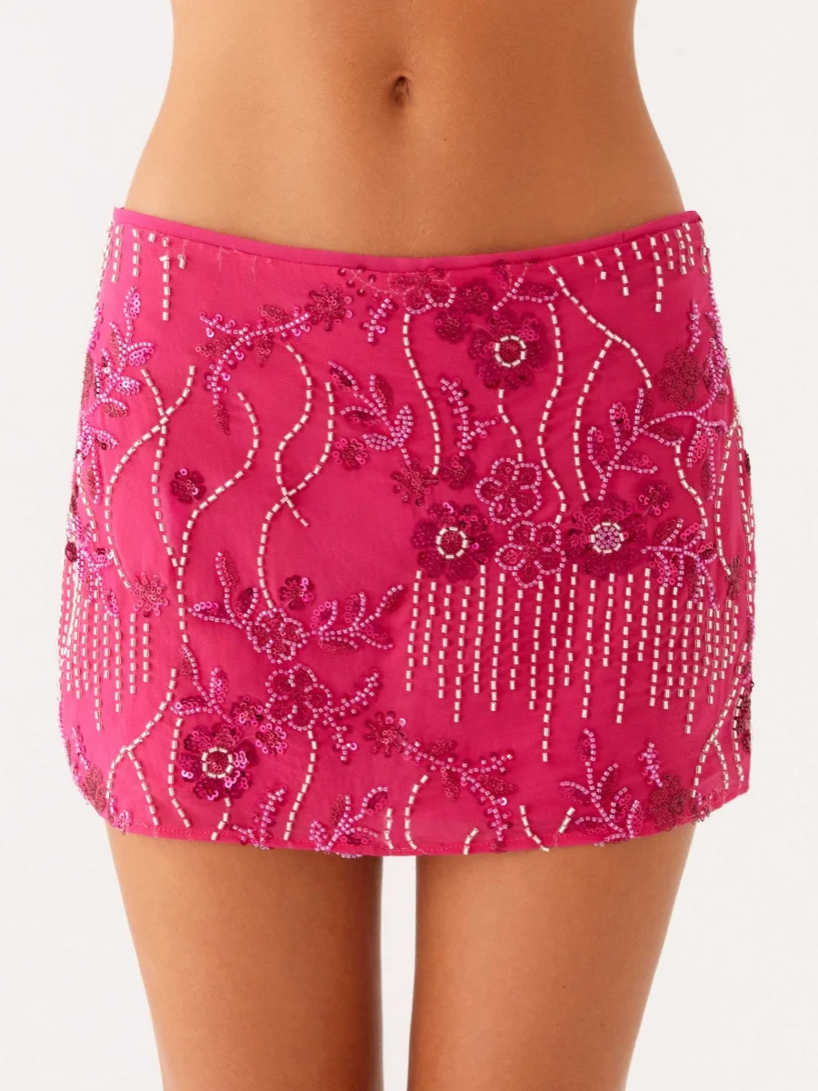 

Women Y2k Sequin Short Skirt Beaded Flower Low Rise Mini Bodycon Skirt Trendy Summer Streetwear