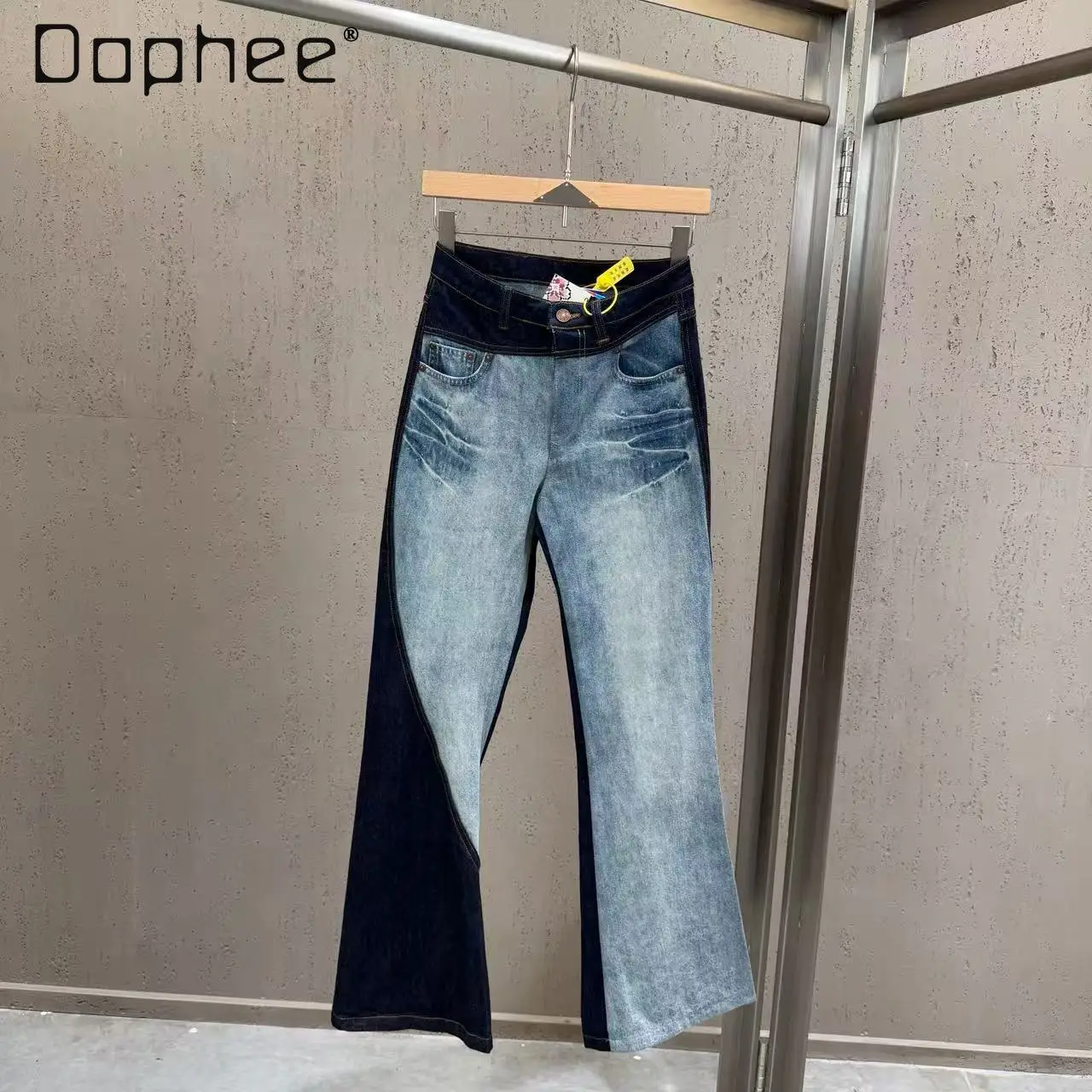 

Spring Summer 2026 Korean-style Ins Hot Girl Y2K Color-blocking Flared Jeans Vintage Washed Distressed High-waisted Slim Pants