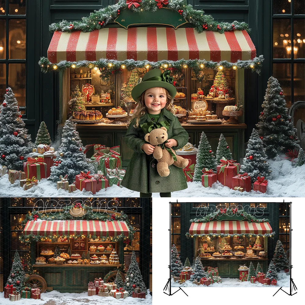 Christmas Backdrop Vintage Christmas Bakery Cart Awning Pastries Chocolate Bars Snow Baby Background Photo Studio Photocall