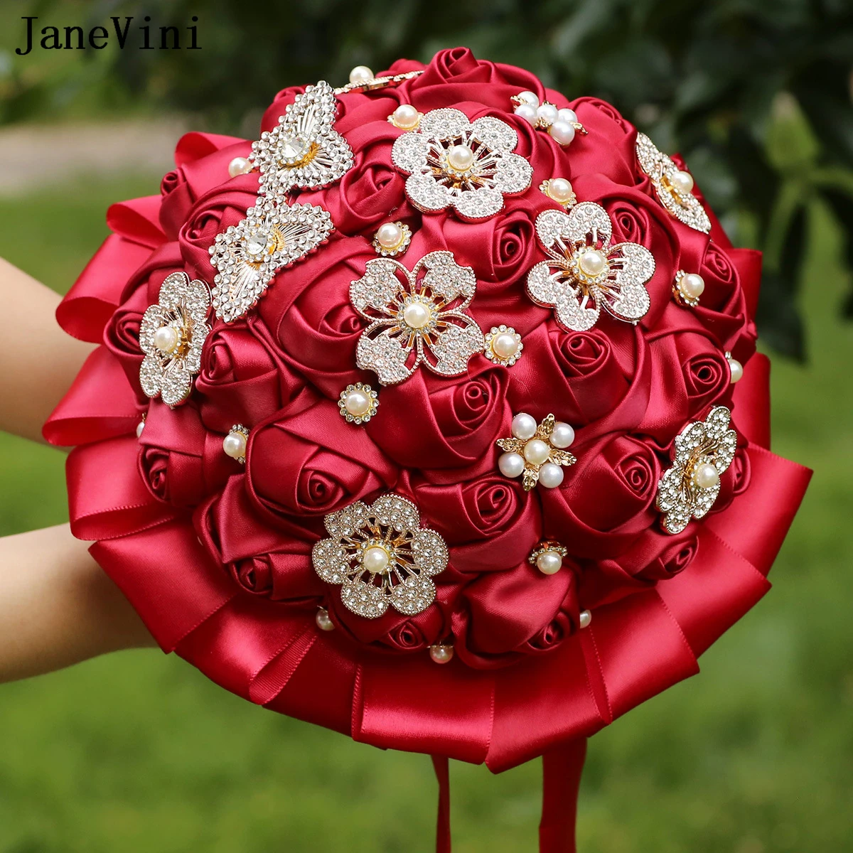 JaneVini Elegant Burgundy Ribbon Flowers Bridal Bouquets with Bling Gold Diamond Artificial Satin Roses Wedding Brooch Bouquet