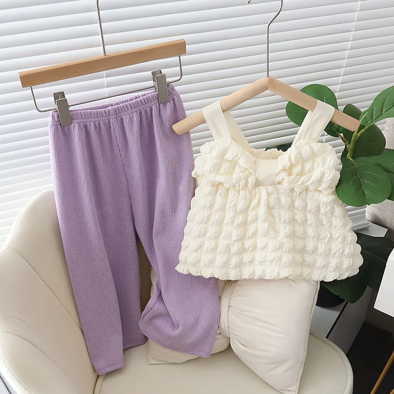 Baby Girl Korean Style 2 Piece Set 2025 Spring Summer Bow Strapless Top + Mosquito Repellent Pants Anti Bug Casual Outfit 1-5 Y
