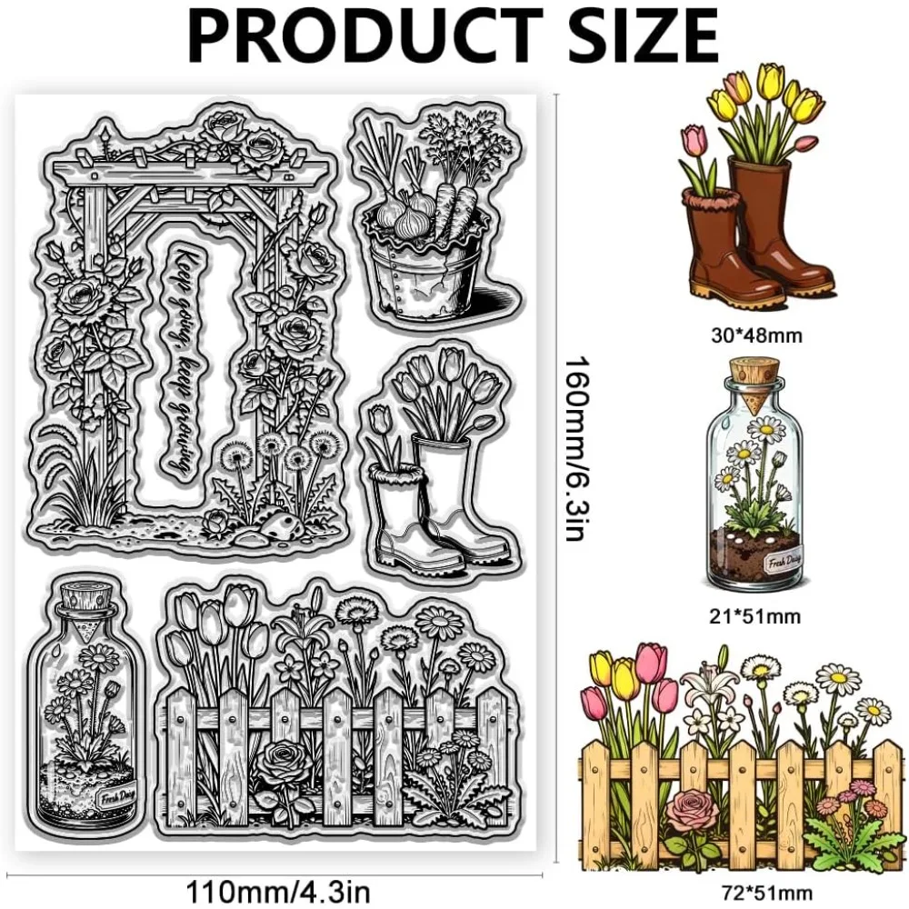 Spring Garden Clear Stamps Flower-Patterned Wooden Door Transparent Stamps Flower-Patterned Fence Clear Seals for Scrapbooking