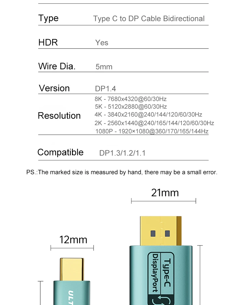 USB-C-auf-DisplayPort-Kabel 8K, bidirektionales DP-auf-Typ-C-Kabel für iPhone 17, Macbook Pro, iPad, iMac, kompatibel mit Thunderbolt 3/4 – Detail 18
