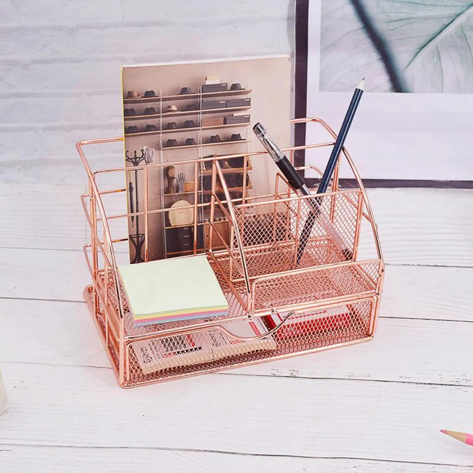 Rose Gold Iron Makeup Brush Storage Case Organizer with Drawer for Eyebrow Pencils Lip Liners Vanity Desk Cosmetic Holder