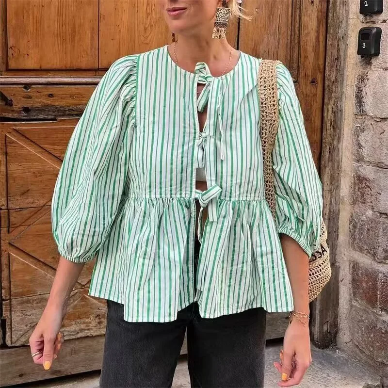 TRAF Striped Shirt Women Tops Bow Tied Pleats Fashion O-Neck Long Sleeved Blouses Summer Sweet Plaid Tops