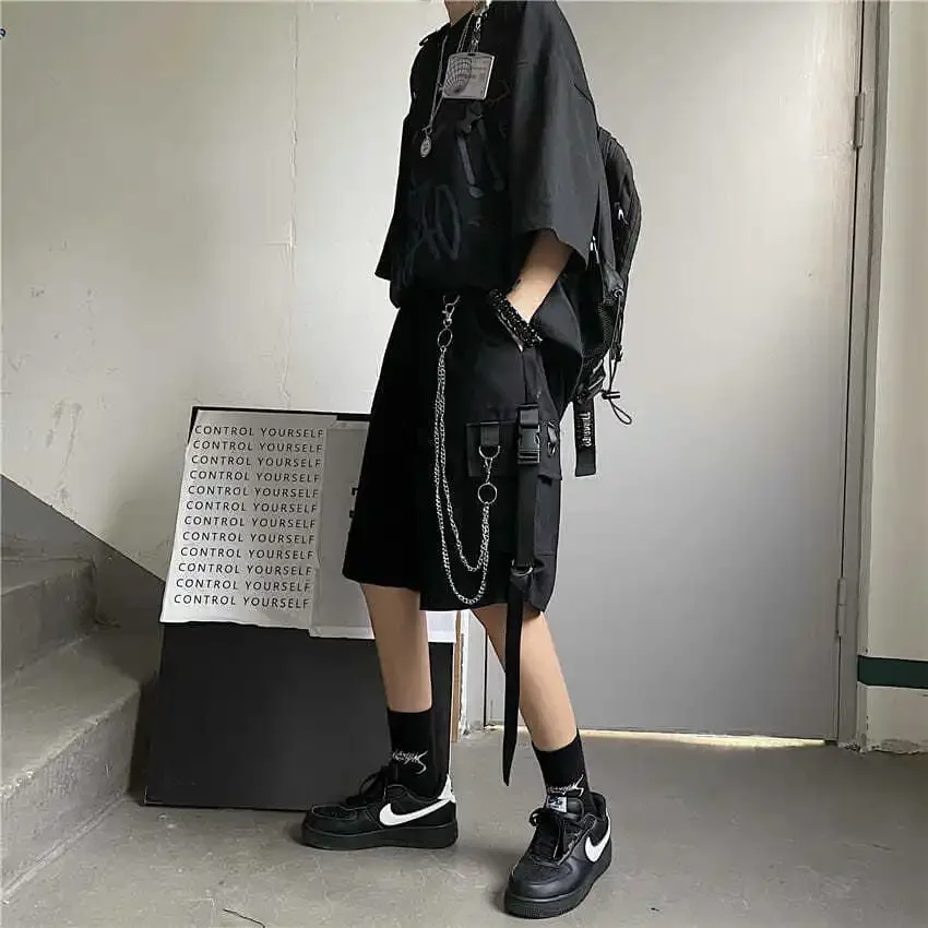 Korean Style  Iron Chain Harajuku Casual Loose Straight Jogger Bike Shorts Female High Waist Summer Sports Vintage Hotpants