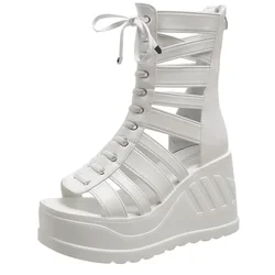 2025 Korean Wedge Sandals Women's Summer New Fish Mouth Hollow Sandals Waterproof Platform 10cm Heightened Roman Sandals Boots