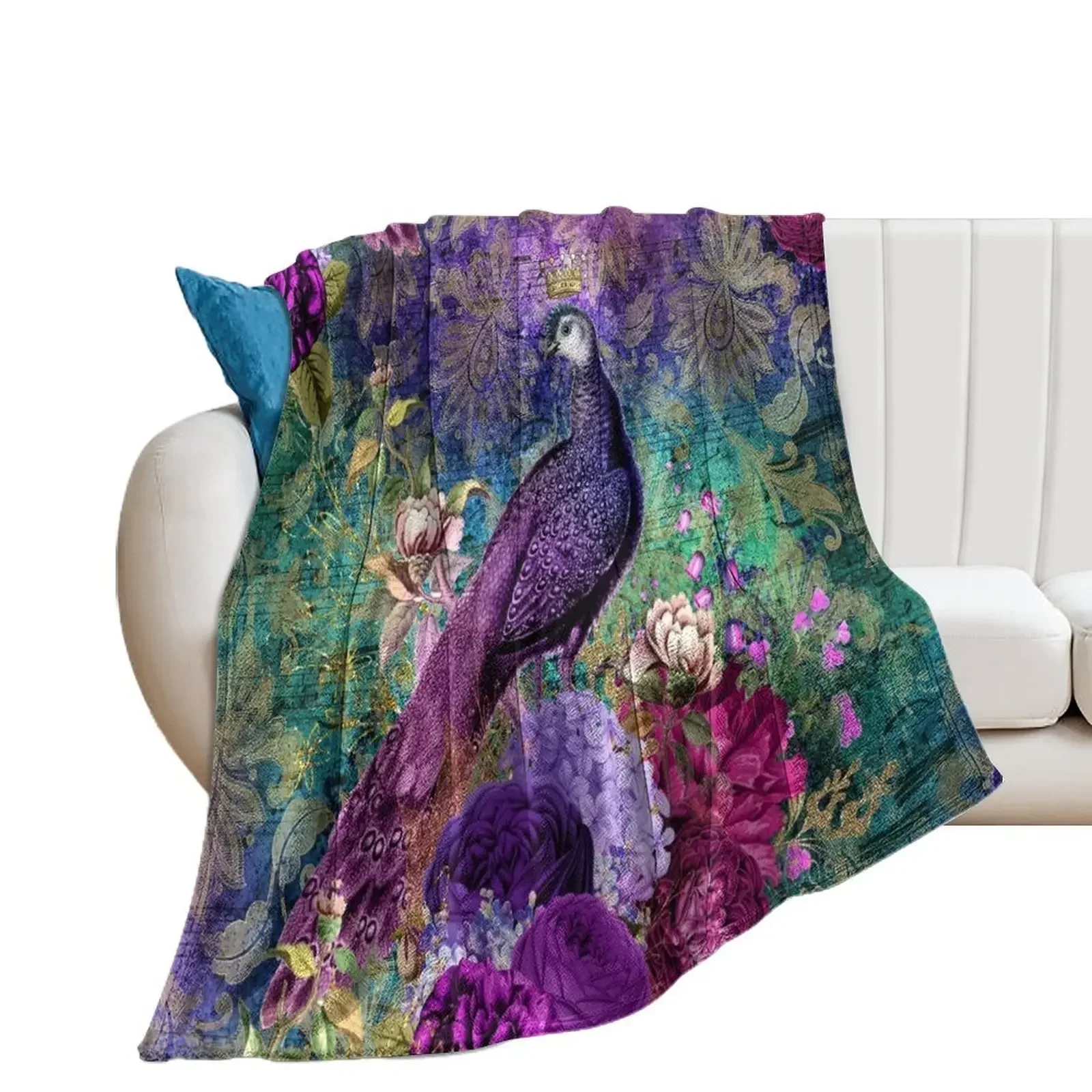 Elegant Vintage Purple Teal Peacocks Throw Blanket Sofas Bed linens Bed Soft Plush Plaid Blankets