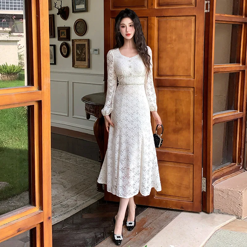

Elegant V Neck Lace Dress Long Sleeve Ruched Bodycon Dresses Spring Summer Women Party Formal Evening Dresses
