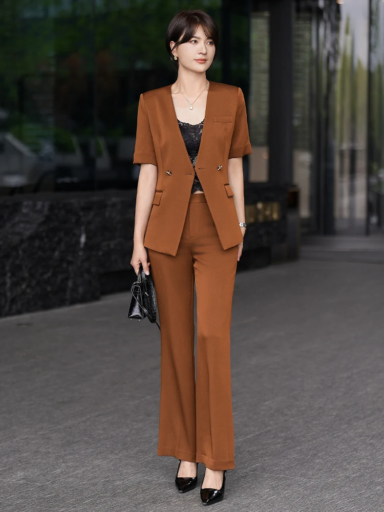 Schickes Kurzarm-Anzug-Set für Damen, professionelles Interview-Outfit, Frühling/Sommer, formelle Arbeitskleidung, Jacke und Hose im Ensemble.