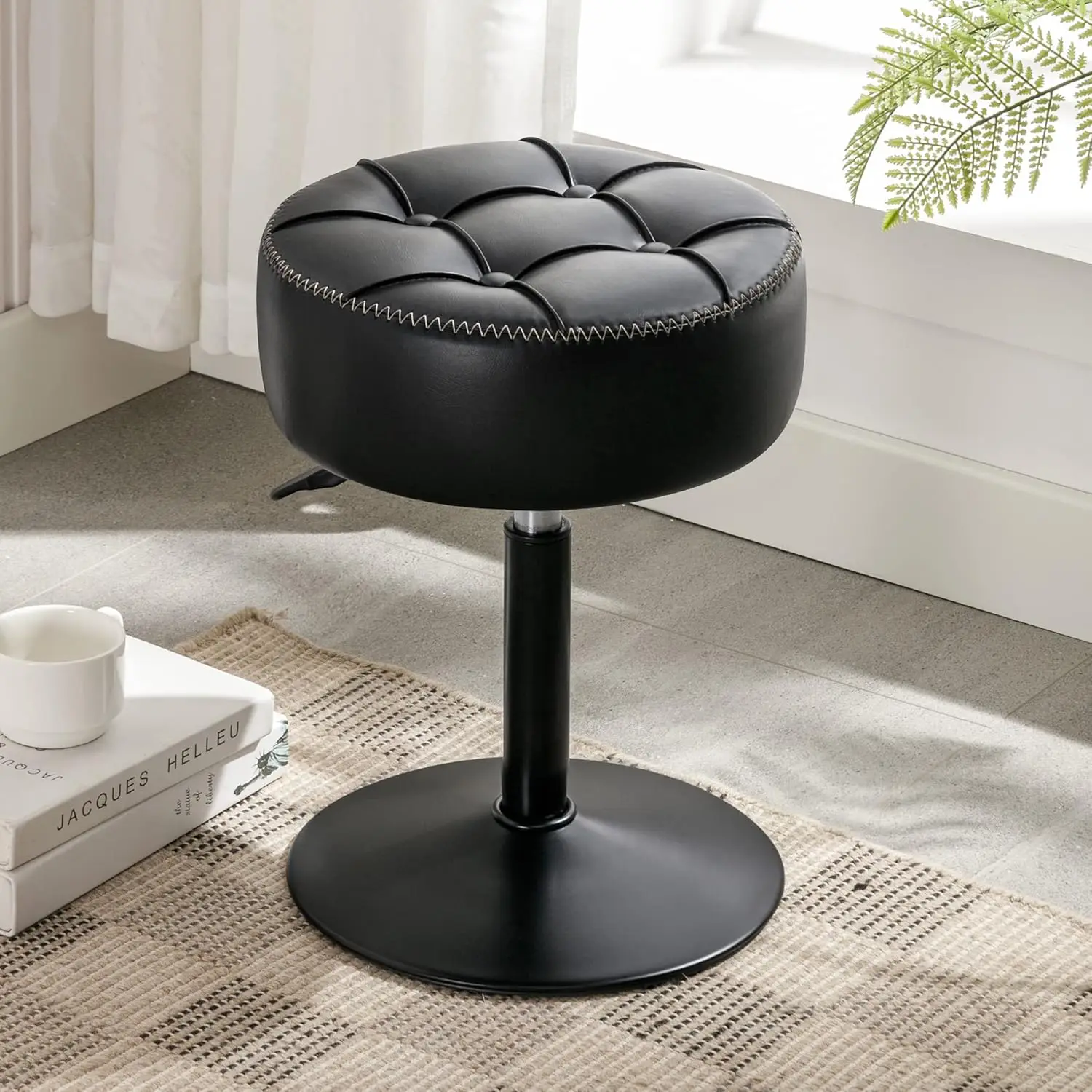 360°Swivel Vanity Chair For Makeup Room, Black Stool Chair For Vanity, Small Faux Leather Vani