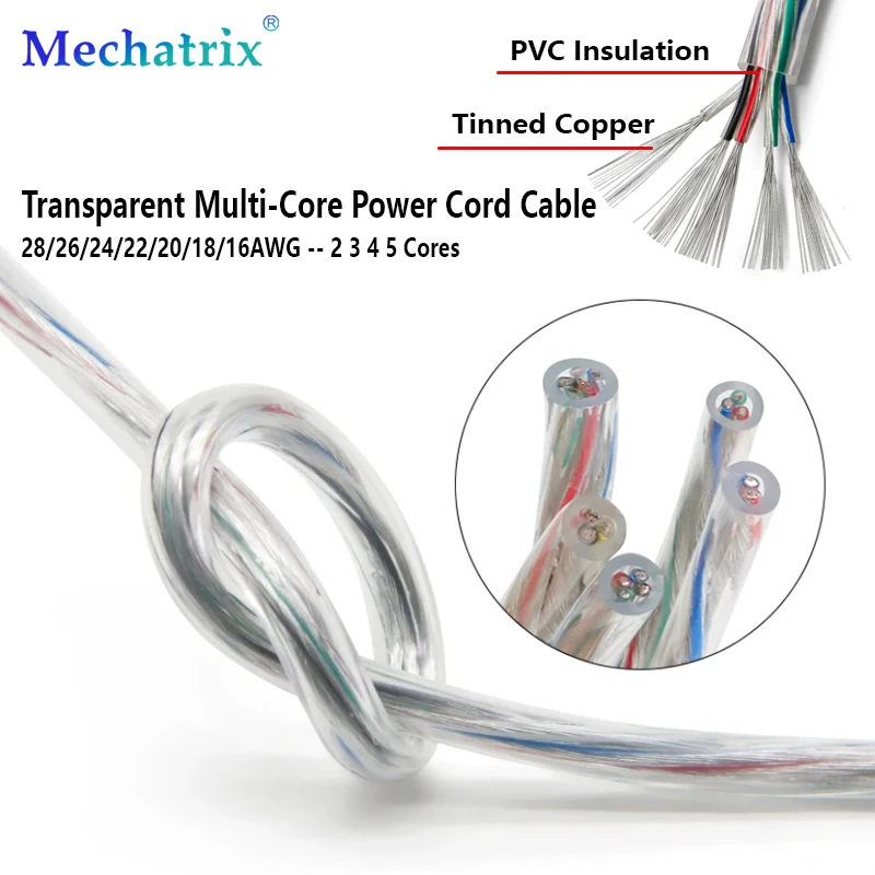 1-20M Transparent Multi-Core Power Cord Cable 28/26/24/22/20/18/16AWG 2-5 Cores PVC Insulated Tinned Copper LED Wire
