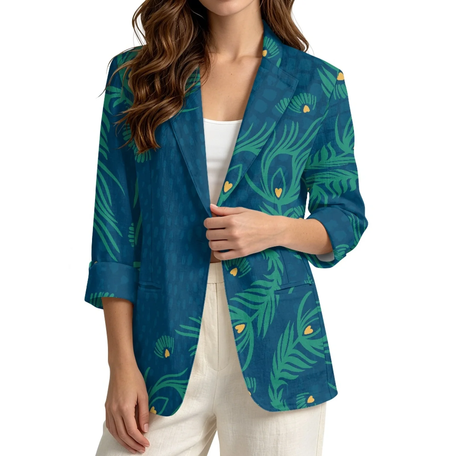 PENSTROLL Peacock Feather Linen Style Beach Cover Ups Open Front Jackets for Women S-3XL