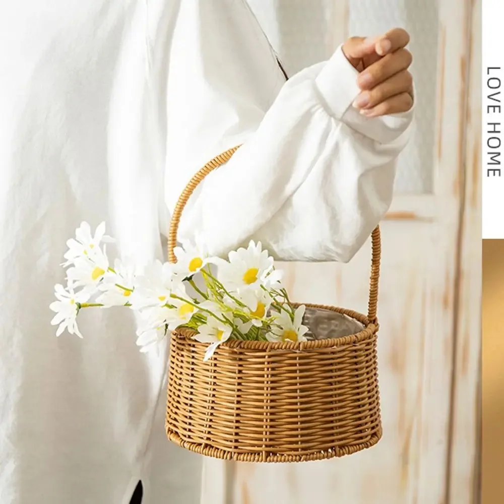 Cesta de mimbre de ratán para novia, cesta de picnic tejida a mano, cesta para arreglos florales con asa, cesta de picnic tejida