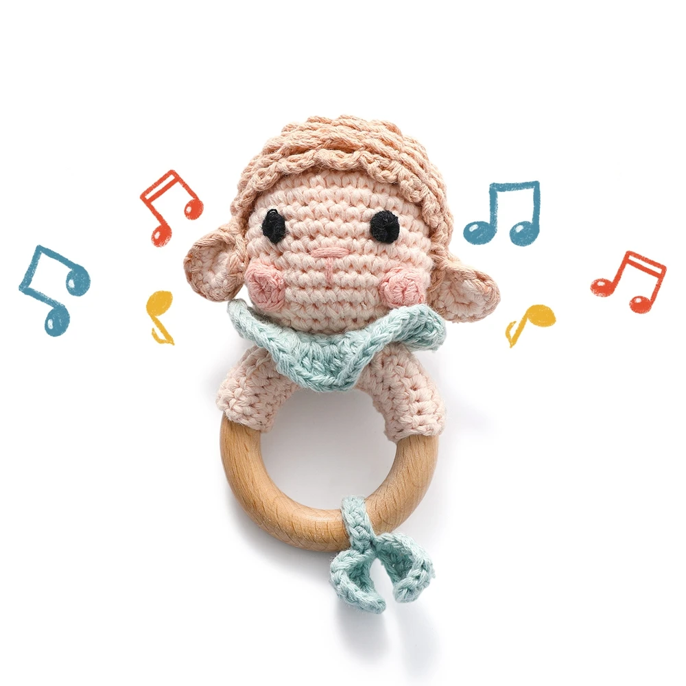 

Baby Rattle Wooden Ring Teether Handmade Crochet Sheep Soft Plush Sensory Toy for Newborn Infant Early Development Shower Gift