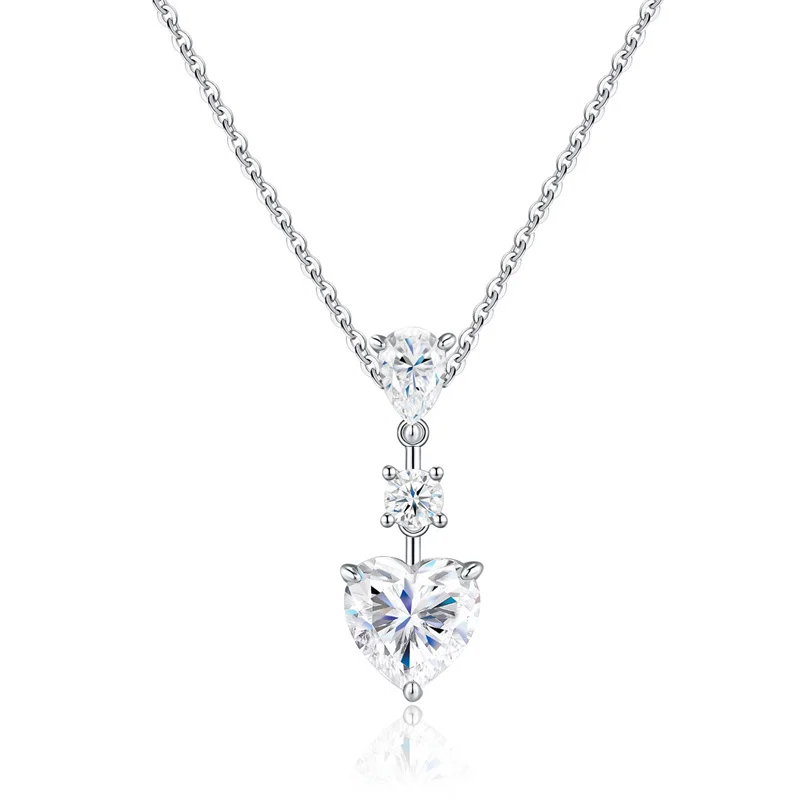 ZFSILVER Fashion Classic 925 Silver Moissanite Trendy Design Long Heart Necklace For Charm Women Accessories Jewelry Gift P17674