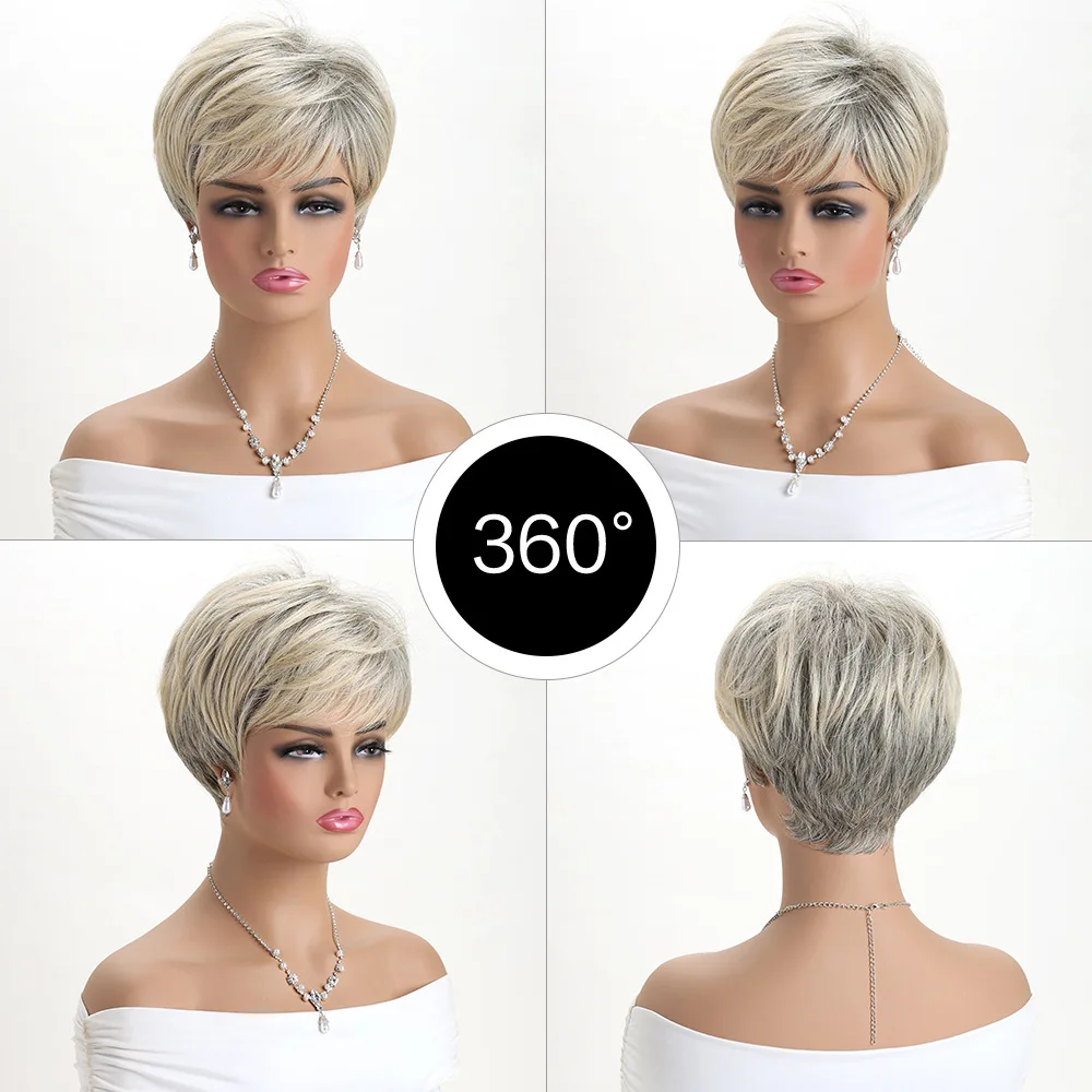 *耐熱性ショートブロンドボブウィッグ、ストレートバング付き、女性用合成毛、日常使用＆コスプレ用