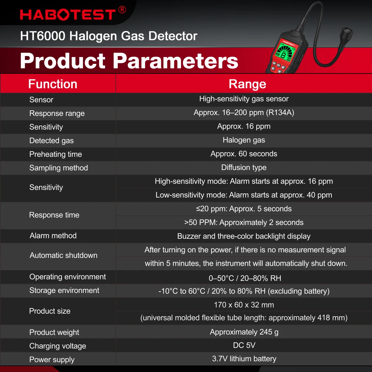HABOTEST HT6000 Halogen Gas Leak Detector with Sound Screen Alarm High-Sensitivity Gas Sensor for Leak Location Determination