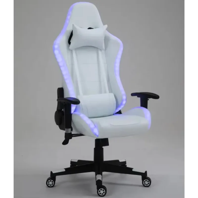 Kursi Gaming Komputer Kulit PU Putih Murah dengan Lampu LED dan Pijat, Dilengkapi Lampu dan Speaker