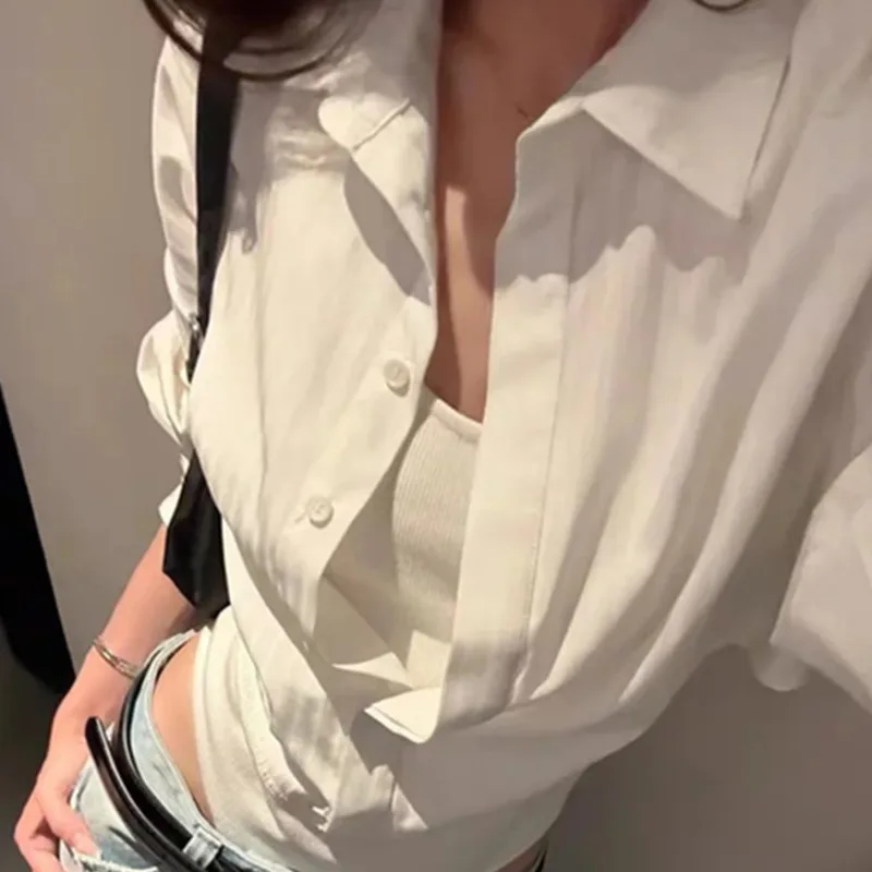 

French Style Slim Waist One-Piece Solid Color Top Shirt Women's Waist-Exposing Turn-Down Collar Sexy Long-Sleeve T-Shirt F3SA