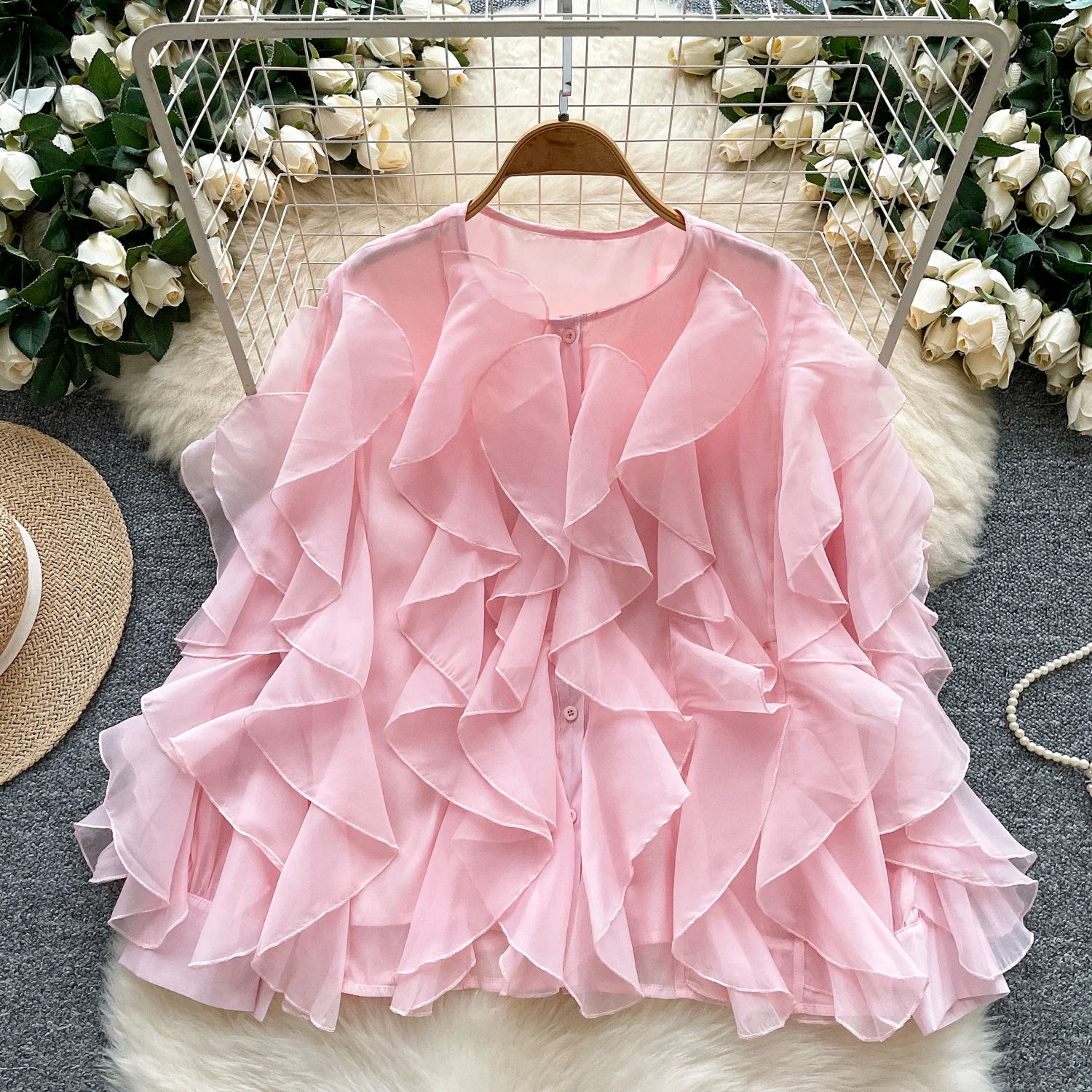 

ALPHALMODA 2025, Fashion Top, Women Autumn, New Design, Irregular, Ruffled, Single Breasted, Trendy Shirt