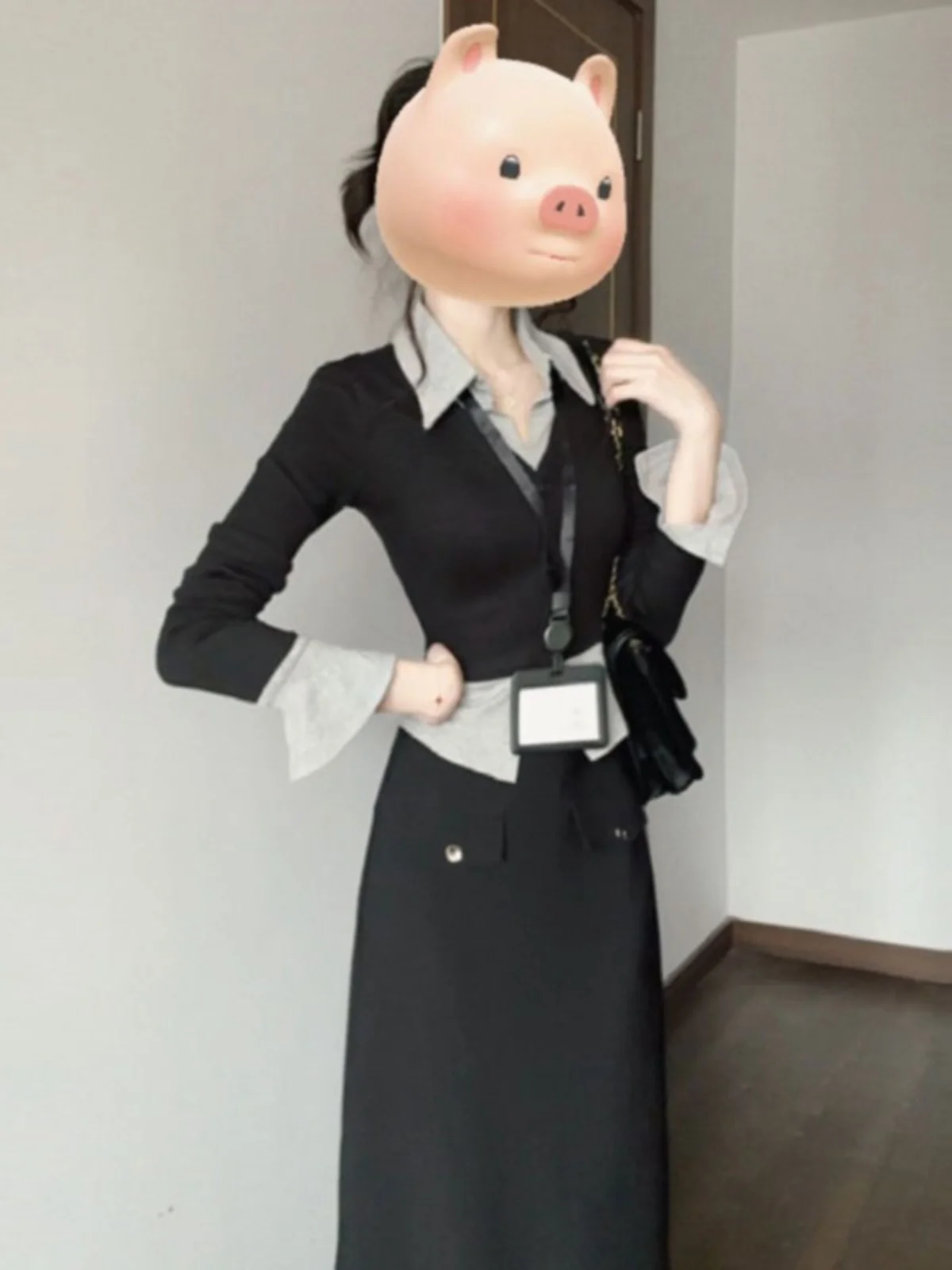 

Fashionable Spring Outfit Set Chic Top And Skirt Combo Age-Defying Long Sleeve Collar Button Closure Comfortable Cotton