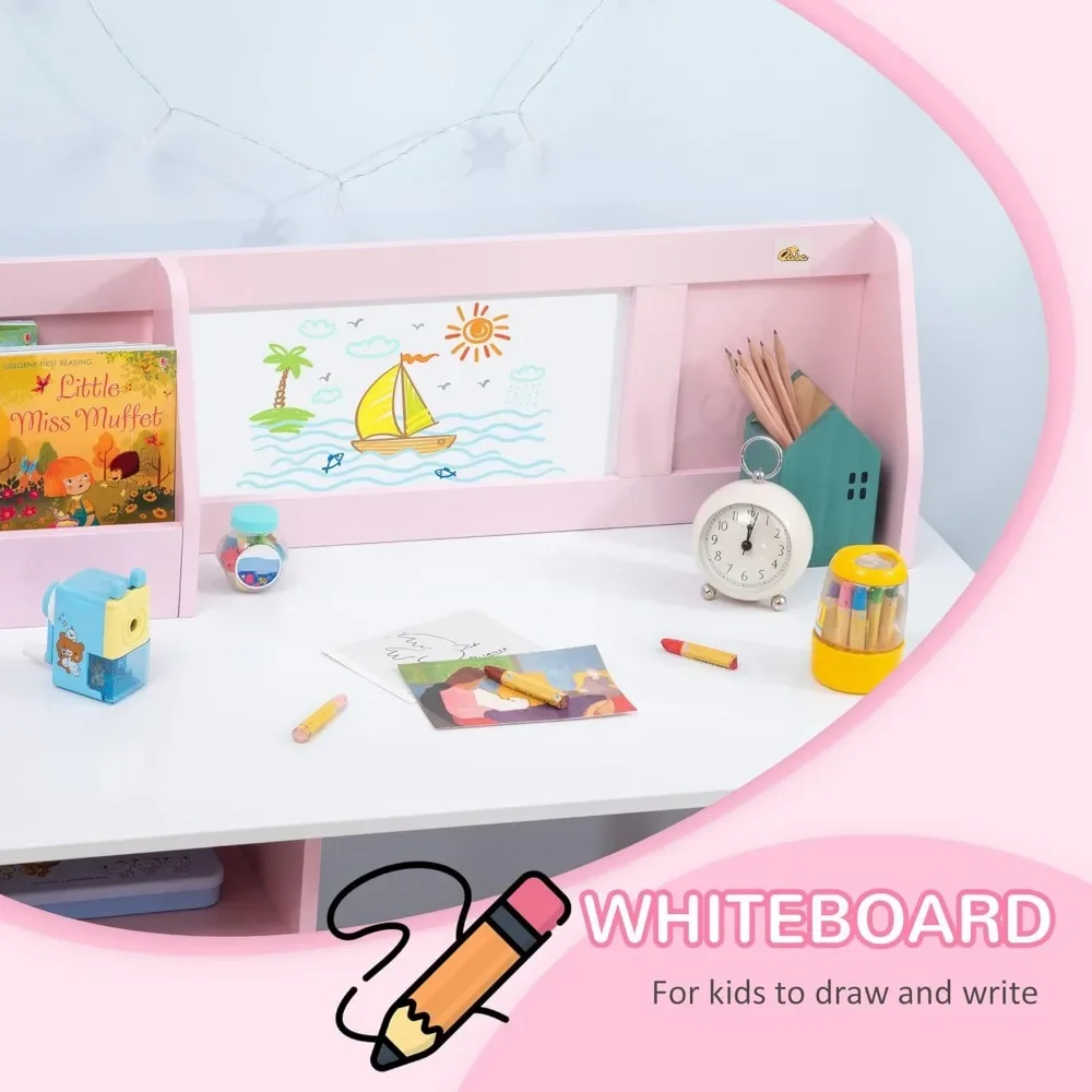 Toddler Desk and Chair Set, Kids Writing Desk Study Table for Children with Whiteboard, Storage Cabinet, Child Furniture