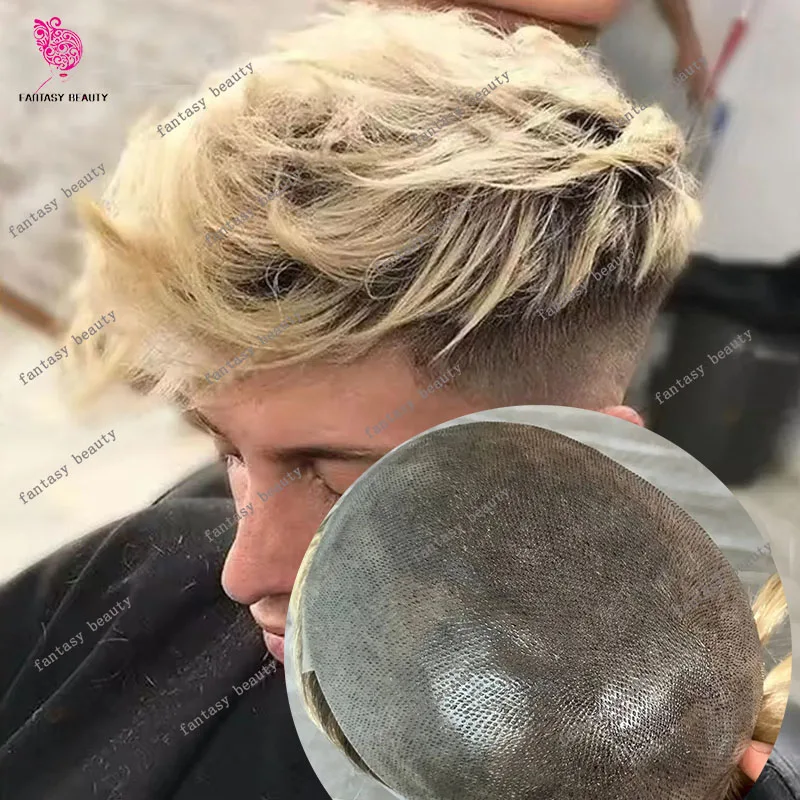 

Европейский мужской парик Ombre Blonde 4T/613, коричневые человеческие волосы, замена 0,06 мм, ультратонкая кожа, HD Micro Vloop, капиллярный протез