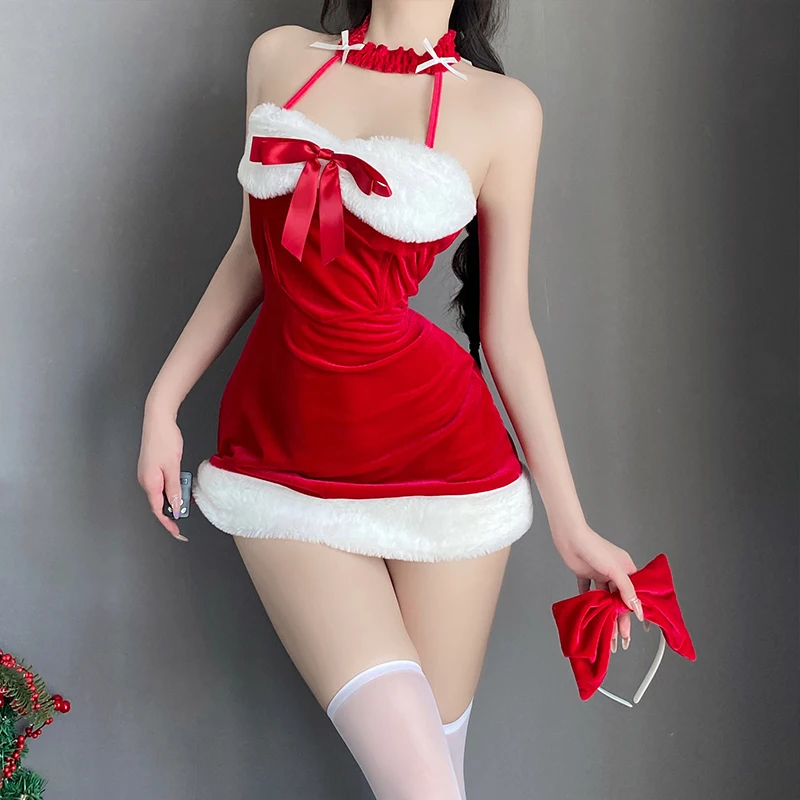 Christmas Cosplay Costume Sexy Women Dress Sleeveless  Short Skirt Christmas Party Night Dresses New Year Christmas Costume