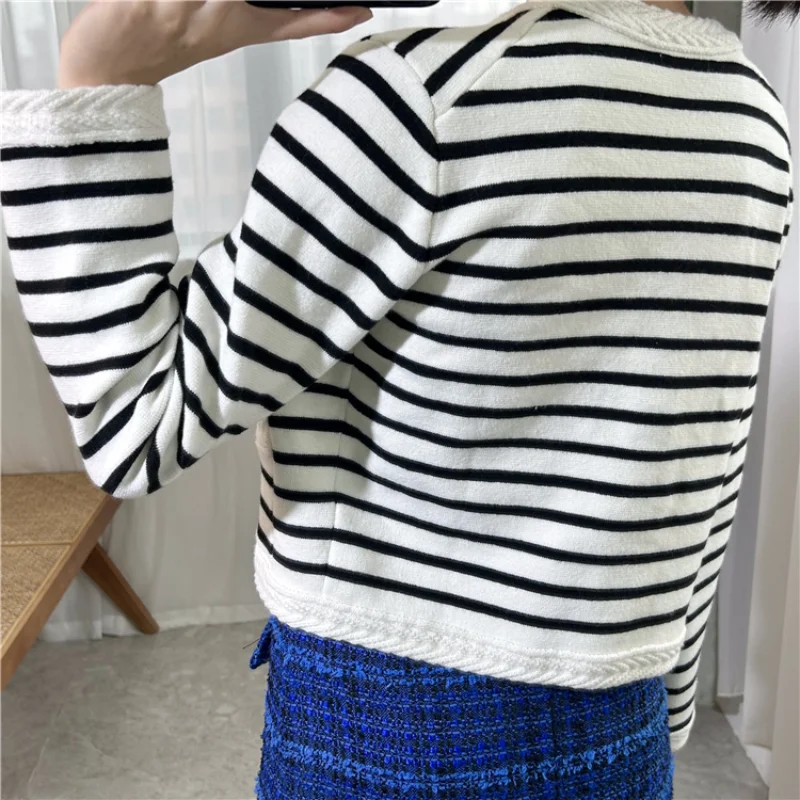 

Coat Knitted Cardigan 2024 Early Spring New French Style Round Neck Long Sleeves Black and White Stripes